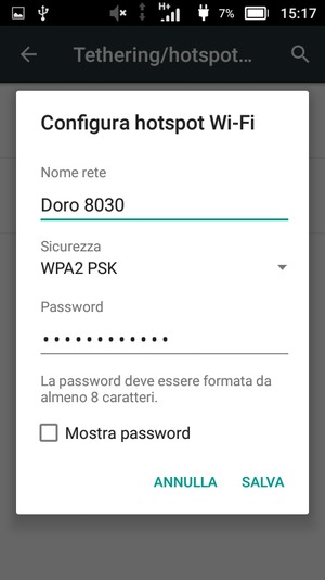 Inserisci una password dell'hotspot Wi-Fi di almeno 8 caratteri e seleziona SALVA