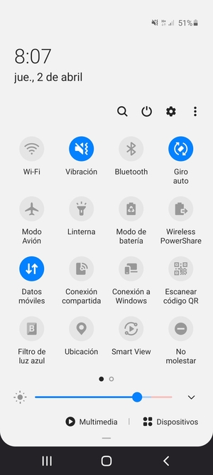 Seleccione Vibración para cambiar al modo silencio
