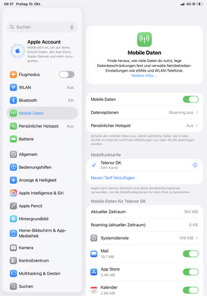 Um das Netzwerk zu wechseln, falls Probleme auftreten, wählen Sie Mobile Daten und  wählen Sie das Informations Symbol