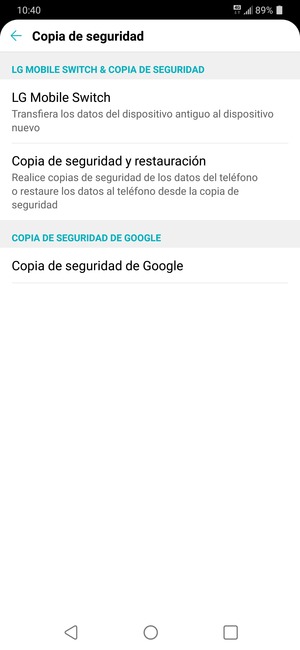 Seleccione Copia de seguridad de Google