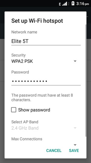 Enter a Wi-Fi hotspot password of at least 8 characters and select SAVE