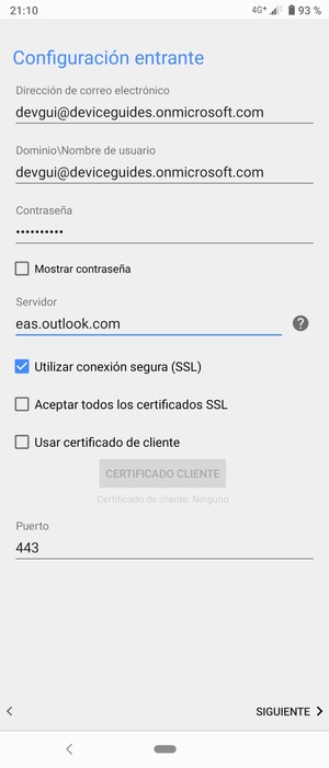 Introduzca Nombre de usuario y la dirección de servidor Exchange. Seleccione SIGUIENTE