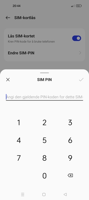 Skriv inn Gjeldende PIN-kode for SIM-kort og velg OK