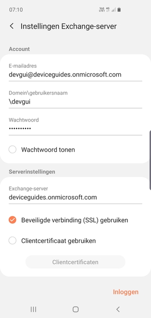 Voer Gebruikersnaam en Exchange serveradres in. Selecteer Inloggen