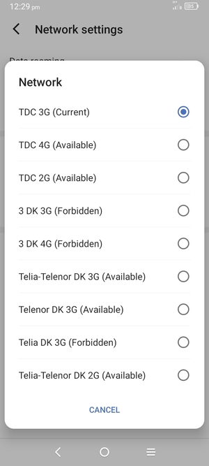 Select a network operator from the list