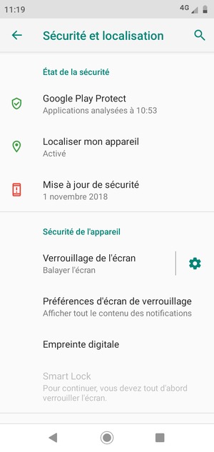 Pour activer votre écran de verrouillage, allez dans le menu Sécurité et localisation et sélectionnez Verrouillage de l'écran