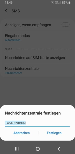 Geben Sie die Nachrichtenzentrale Nummer ein und wählen Sie Festlegen