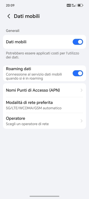 Attiva o disattiva Roaming dati