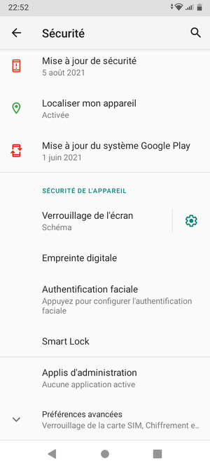 Pour modifier le code PIN de la carte SIM, faites défiler et sélectionnez Préférences avancées