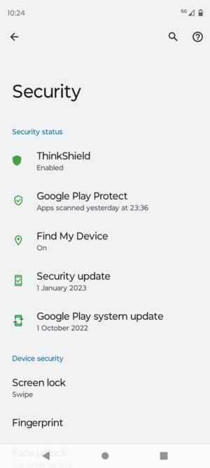 To activate your screen lock, go to the Security menu and select Screen lock