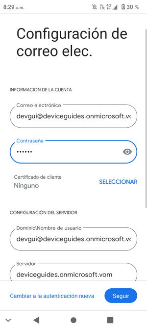 Introduzca Nombre de usuario y la dirección de servidor Exchange. Seleccione Seguir