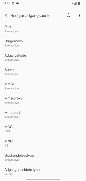 Scroll ned og indtast internet-oplysninger