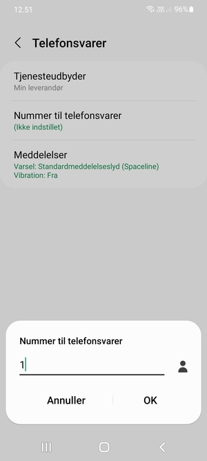 Indtast Nummer til telefonsvarer og vælg OK