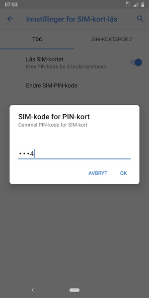 Skriv inn Gammel PIN-kode for SIM-kort og velg OK