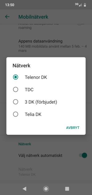 Välj en nätverksoperatör från listan