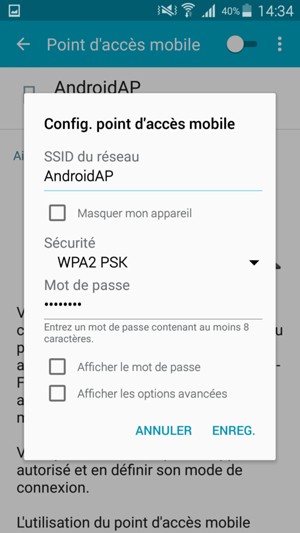Saisissez un mot de passe de hotspot Wi-Fi d'au moins 8 caractères et sélectionnez ENREG.