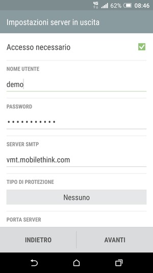 Inserisci l'indirizzo del server di posta in uscita