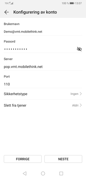Skriv inn Brukernavn og innkommende serveradresse. Velg NESTE