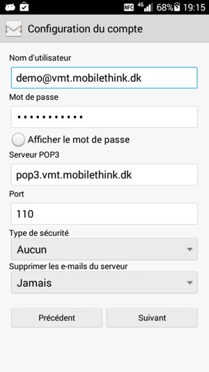 Entrez votre Nom d'utilisateur et l'adresse du serveur Entrant. Appuyez sur Suivant