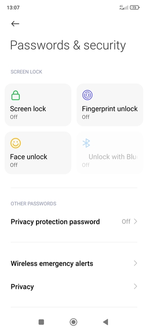 To activate your screen lock, go to the Passwords & security menu and select Screen lock