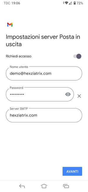 Inserisci l'indirizzo del server di posta in uscita e seleziona AVANTI