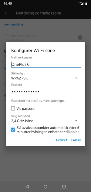 Skriv inn et Wi-Fi hotspot-passord på minst 8 tegn og velg LAGRE