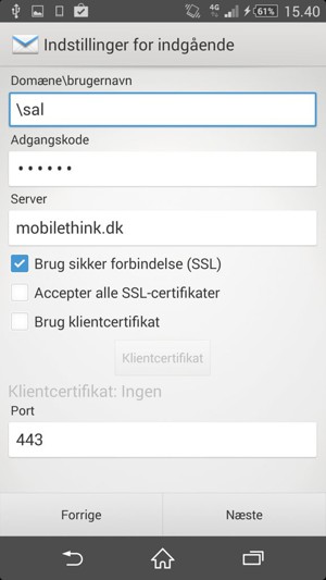 Indtast Brugernavn og Exchange serveradresse. Vælg Næste