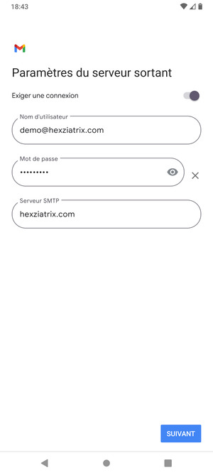 Entrez l'adresse du serveur Sortant et sélectionnez SUIVANT