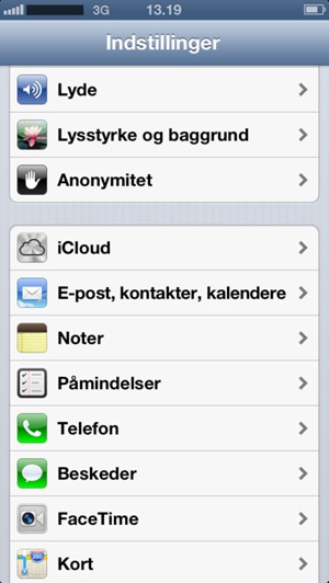 Scroll til og vælg E-post, kontakter, kalendere