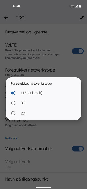 Velg ønsket alternativ
