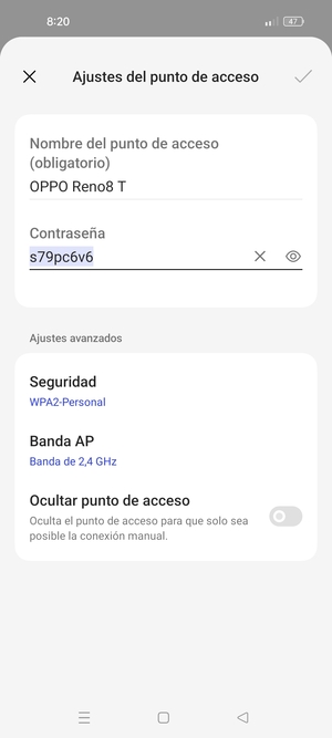 Introduzca una contraseña de punto de acceso Wi-Fi de al menos 8 caracteres y seleccione Aceptar