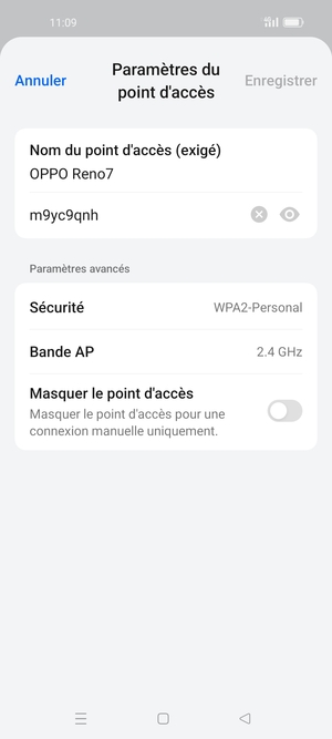 Saisissez un mot de passe de hotspot Wi-Fi d'au moins 8 caractères et sélectionnez Engregistrer