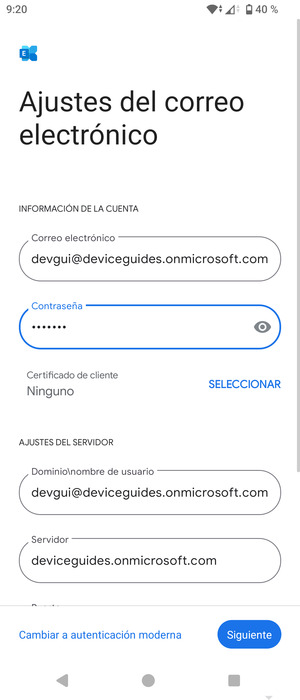 Introduzca Nombre de usuario y la dirección de servidor Exchange. Seleccione Siguiente