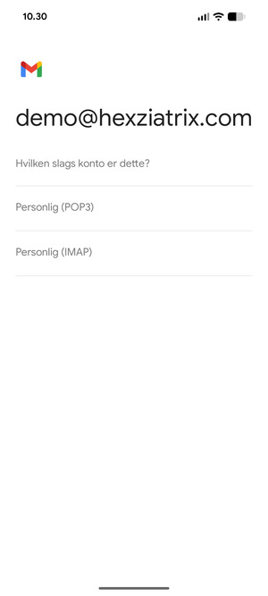 Vælg Personlig (POP3) eller Personlig (IMAP)