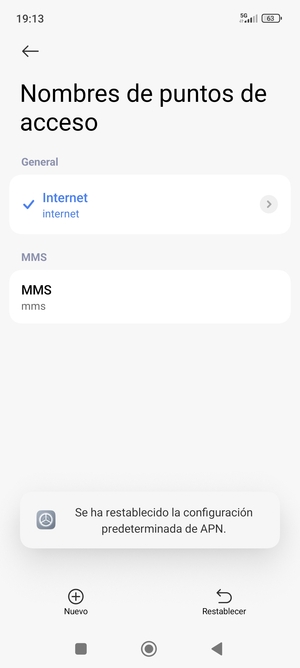 El teléfono se reiniciará con la configuración predeterminada de Internet y MMS