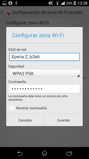 Introduzca una contraseña de punto de acceso Wi-Fi de al menos 8 caracteres y seleccione Guardar