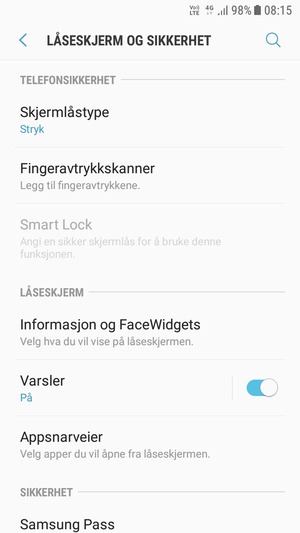 For å aktivere skjermlåsen, gå til Låseskjerm og sikkerhet-menyen og velg Skjermlåstype