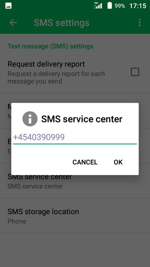 Enter the SMS service center number and select OK