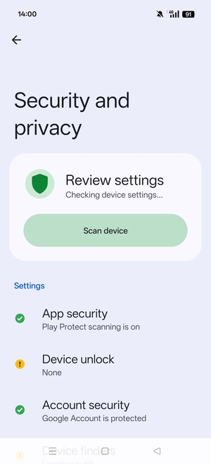To activate your screen lock, go to the Security and privacy menu and select Device unlock
