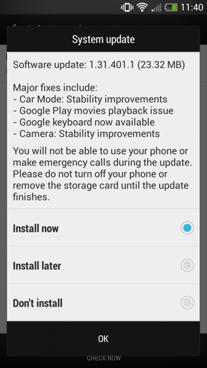 If your phone is not up to date, you will see the following screen. Select OK.
