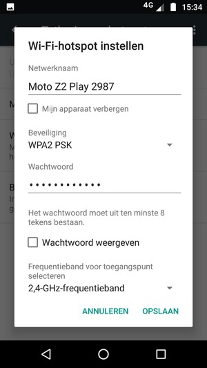 Voer een wachtwoord van een WiFi-hotspot in van ten minste 8 tekens en selecteer OPSLAAN