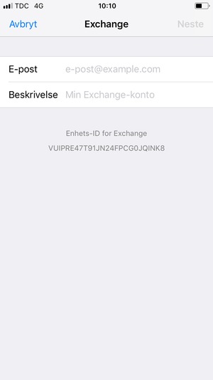 Skriv inn Exchange e-postinformasjon og velg Neste