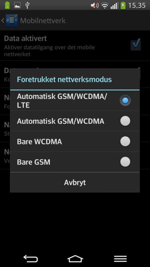 Velg Bare GSM for å aktivere 2G