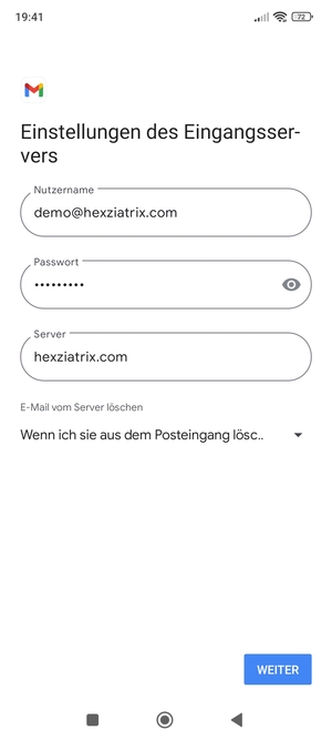 Geben Sie Benztzername und die Server-Adresse für eingehende Post ein. Wählen Sie WEITER