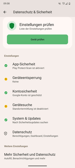 Um die PIN für die SIM-Karte zu wechseln, gehen Sie zum Sicherheit & Datenschutz Menü und  wählen Sie Mehr Sicherheit und Datenshutz