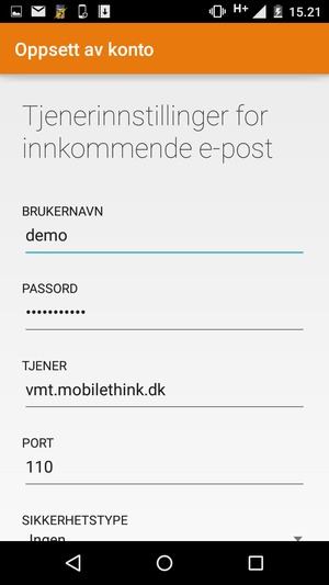 Skriv inn Brukernavn og innkommende serveradresse