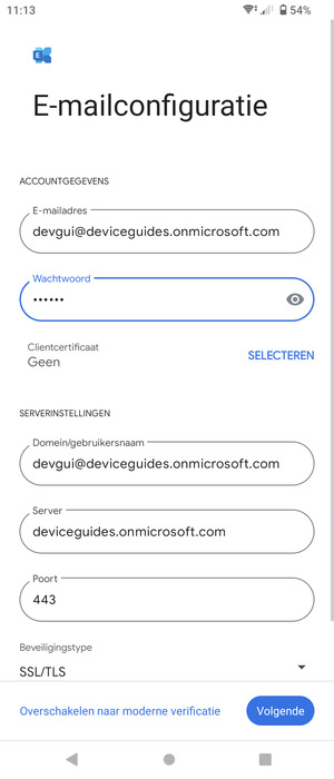 Voer Gebruikersnaam en Exchange serveradres in. Selecteer Volgende