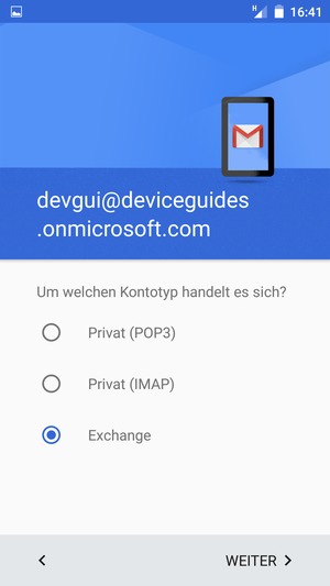 Wählen Sie Exchange und WEITER