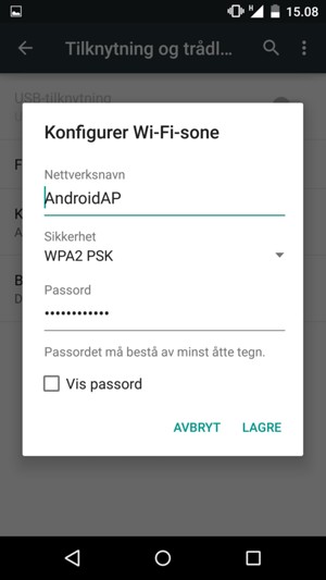 Skriv inn et Wi-Fi hotspot-passord på minst 8 tegn og velg LAGRE