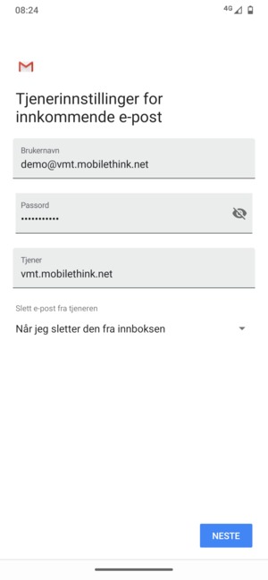 Skriv inn Brukernavn og innkommende serveradresse. Velg NESTE